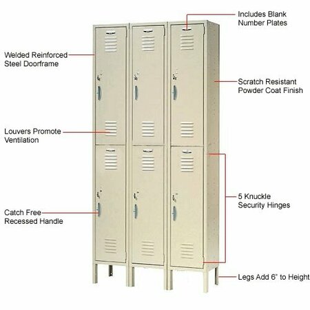 Global Industrial Double Tier Locker, 12x15x36, 6 Door Ready To Assemble, Tan 652047TN